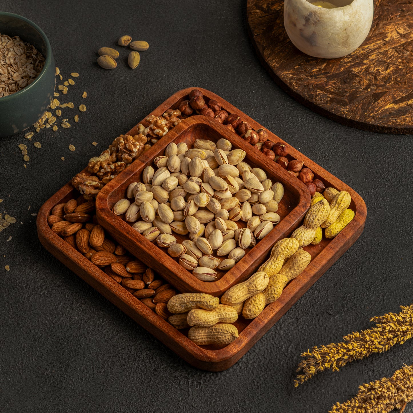 handmade Wooden pistachio snack Bowl double Dish Holder Nut Bowl Pedestal