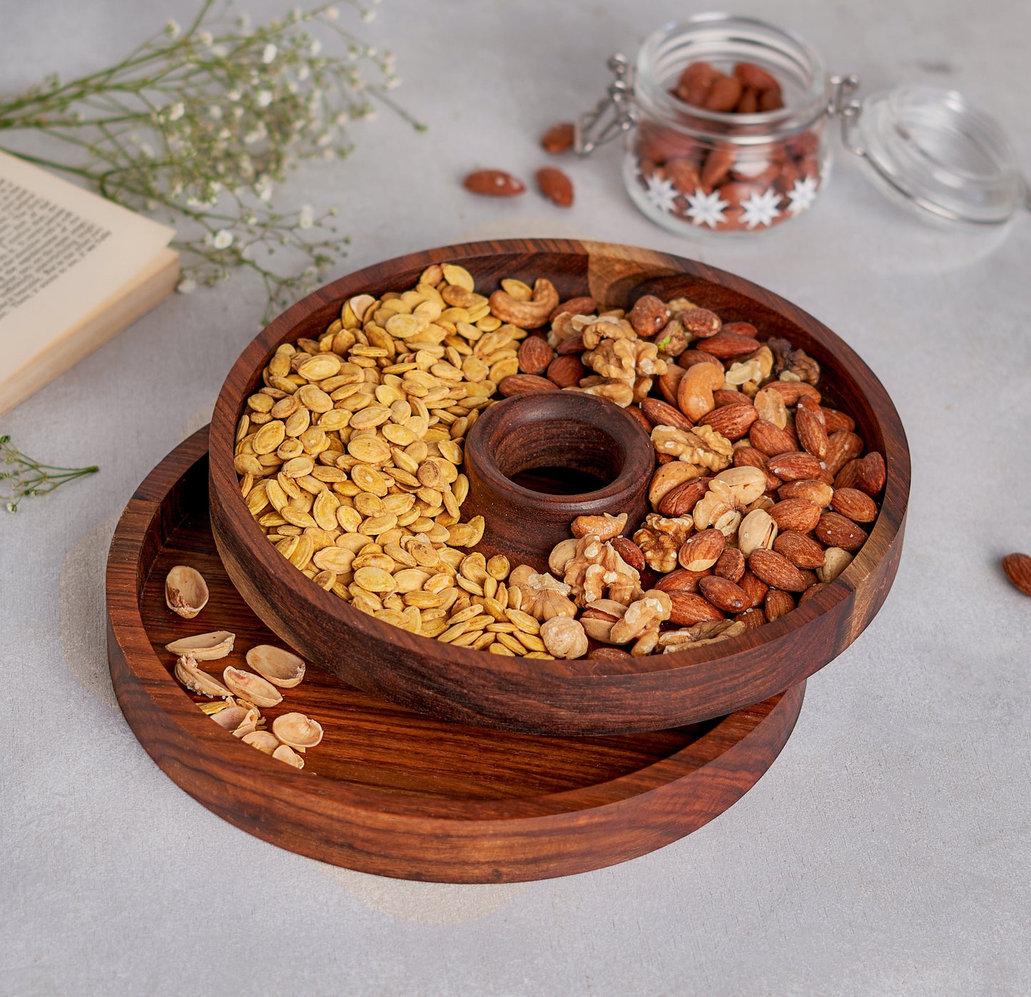 Round Egypt wood Pistachio Snack Bowl Pistachio Bowl with Double Layer Pistachio Bowl with Shell Holder Egyptian handmade
