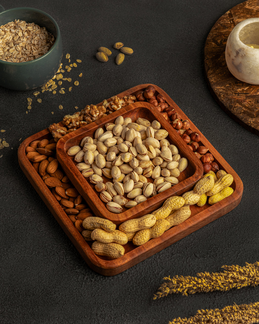 handmade Wooden pistachio snack Bowl double Dish Holder Nut Bowl Pedestal