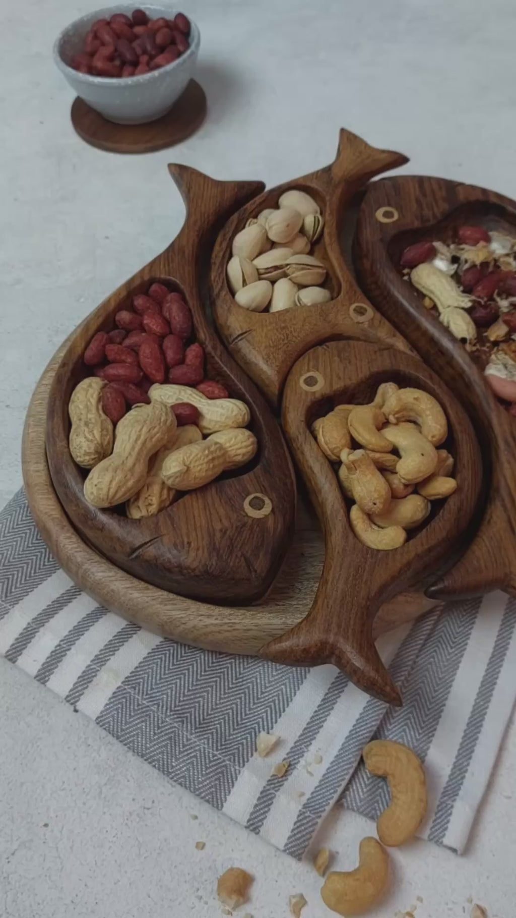 Hand carved 4 fish snacks platter Decorative mid century style handmade