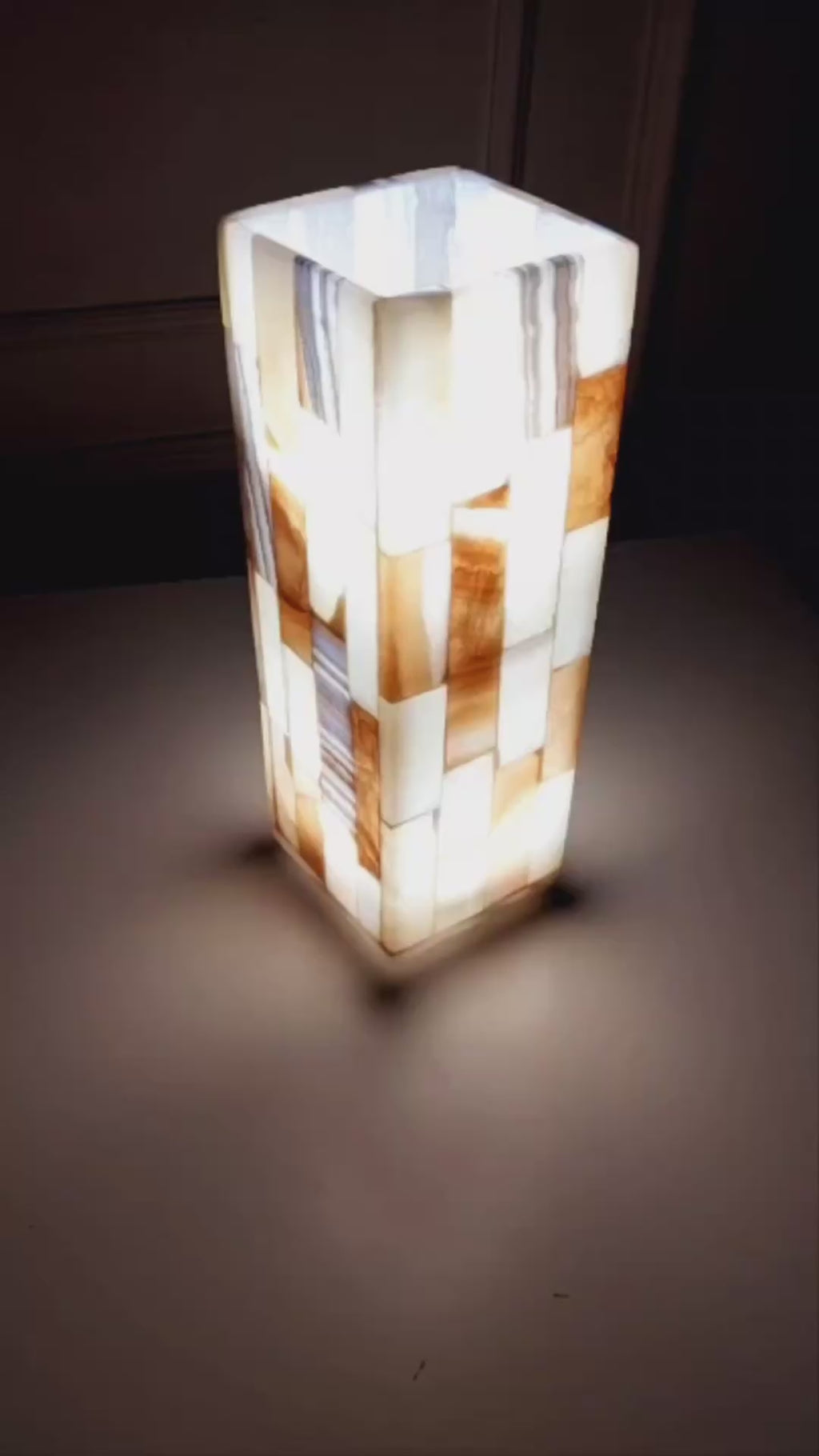 Unique handmade alabaster bedside lamp made of solid alabaster stone in cuboid shape