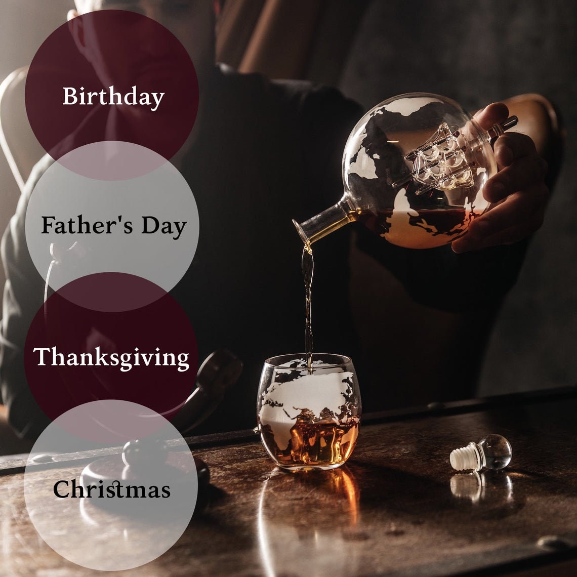 Whiskey Decanter Globe Set with 2 Etched Globe Whisky Glasses - for Liquor, Scotch, Bourbon, Vodka - 850ml