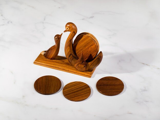 Hand-carved duck coaster set handmade