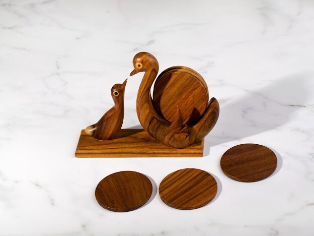 Hand-carved duck coaster set handmade