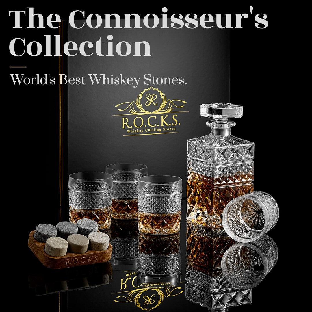 Whiskey Decanter Gift Set With 4 Cocktail Glasses & Handcrafted Granite Whiskey Chilling Stones - Whisky Carafe Glass for Liquor, Scotch