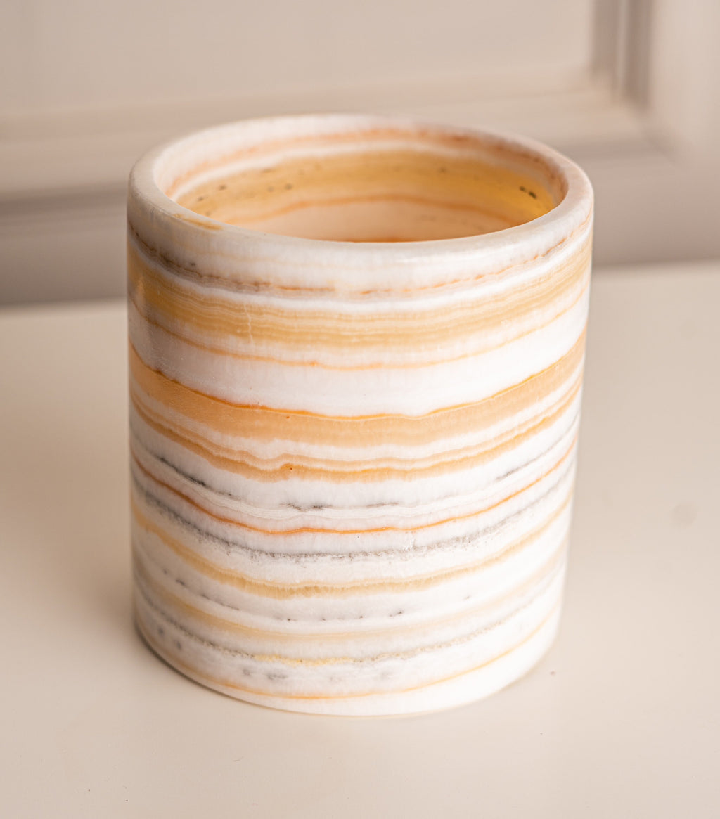 Unique alabaster Vase, Tea Light or Candleholder, Simple, Elegant, Pretty Amber Veining, Perfect Shelf Styling Decor, Solid Stone