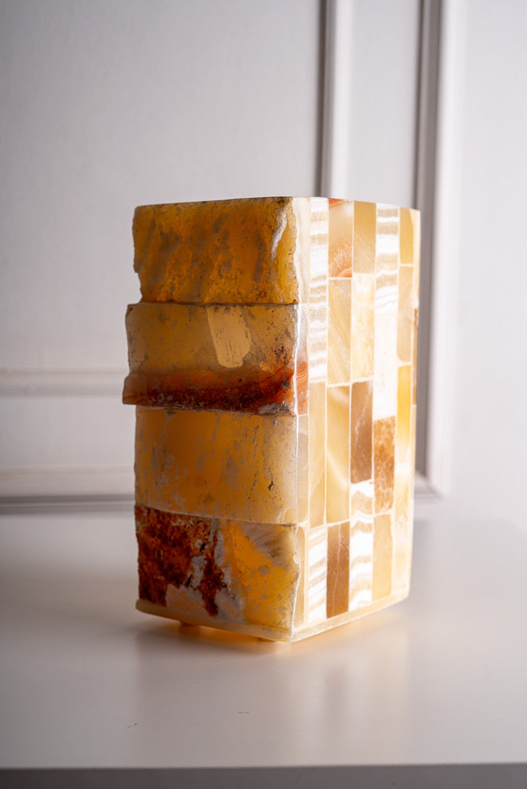 Unique handmade alabaster bedside lamp made of solid alabaster stone in cuboid shape small stones