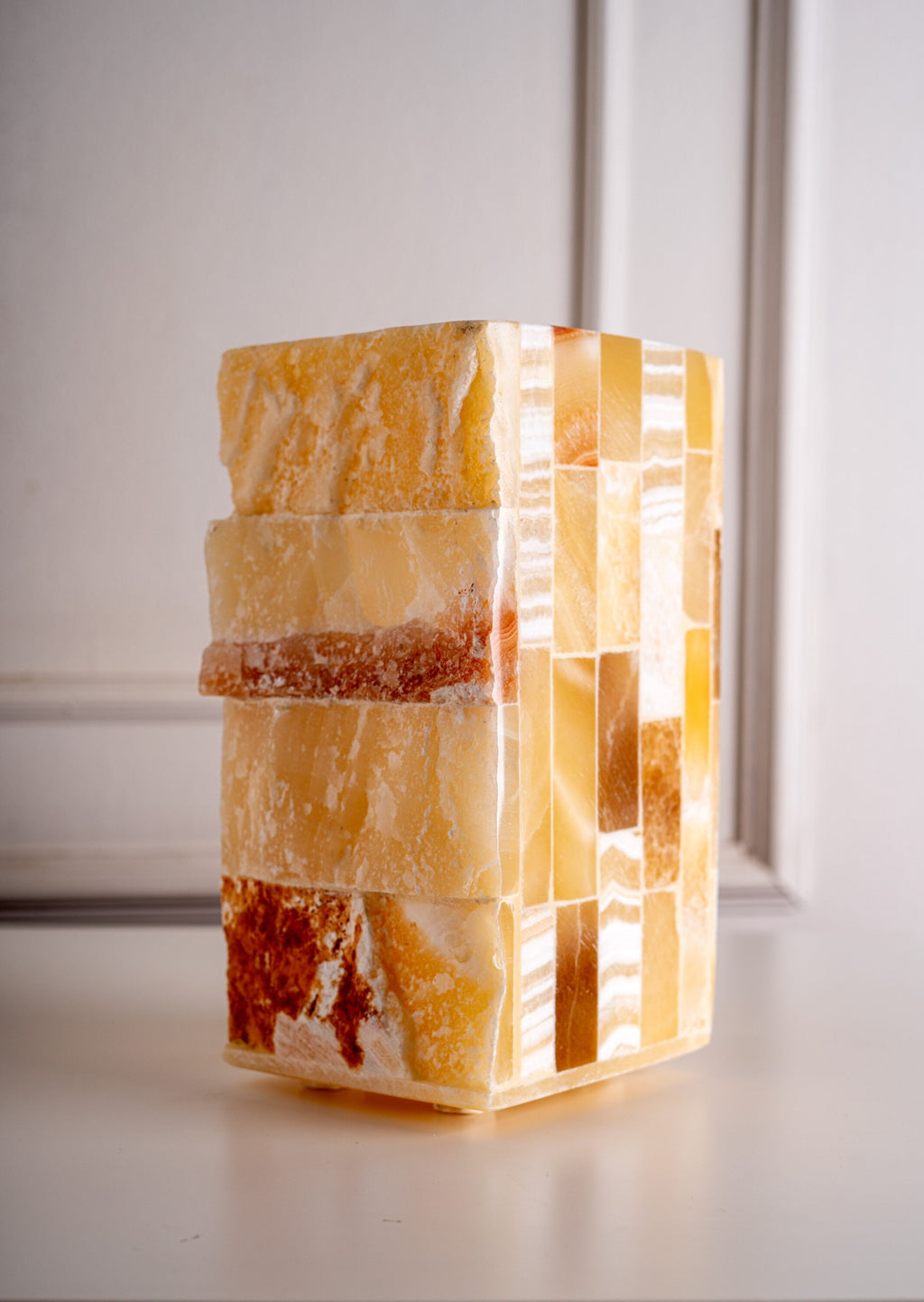 Unique handmade alabaster bedside lamp made of solid alabaster stone in cuboid shape small stones