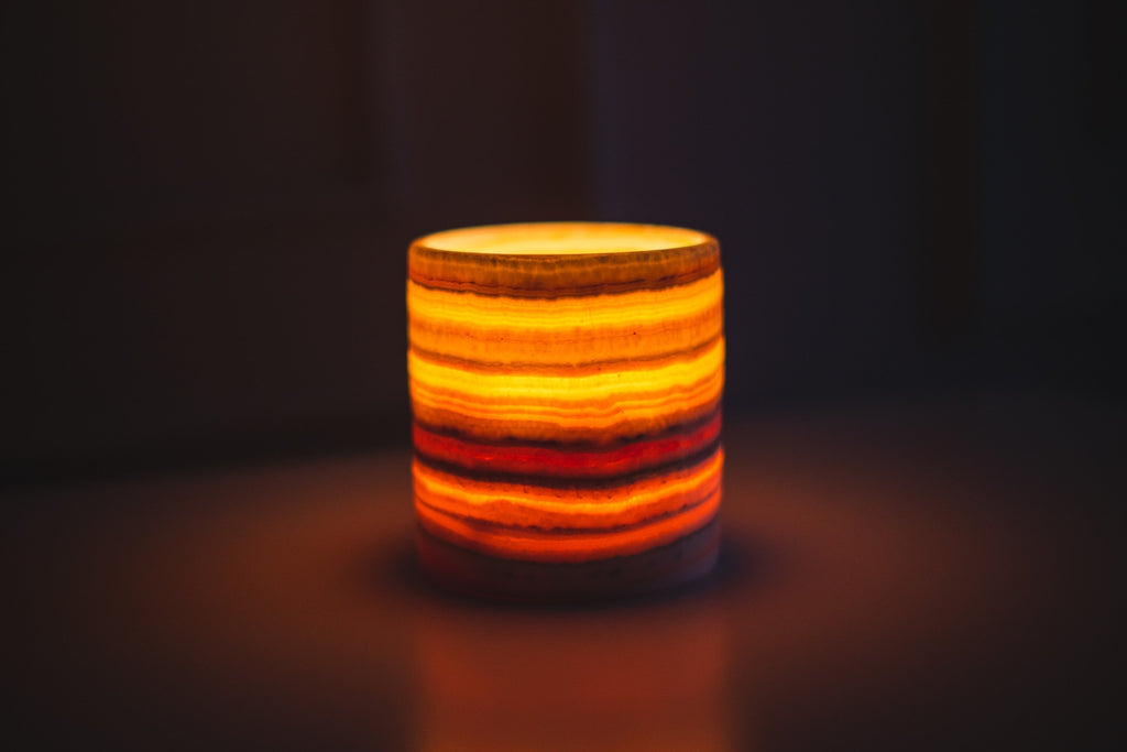 Unique alabaster Vase, Tea Light or Candleholder, Simple, Elegant, Pretty Amber Veining, Perfect Shelf Styling Decor, Solid Stone