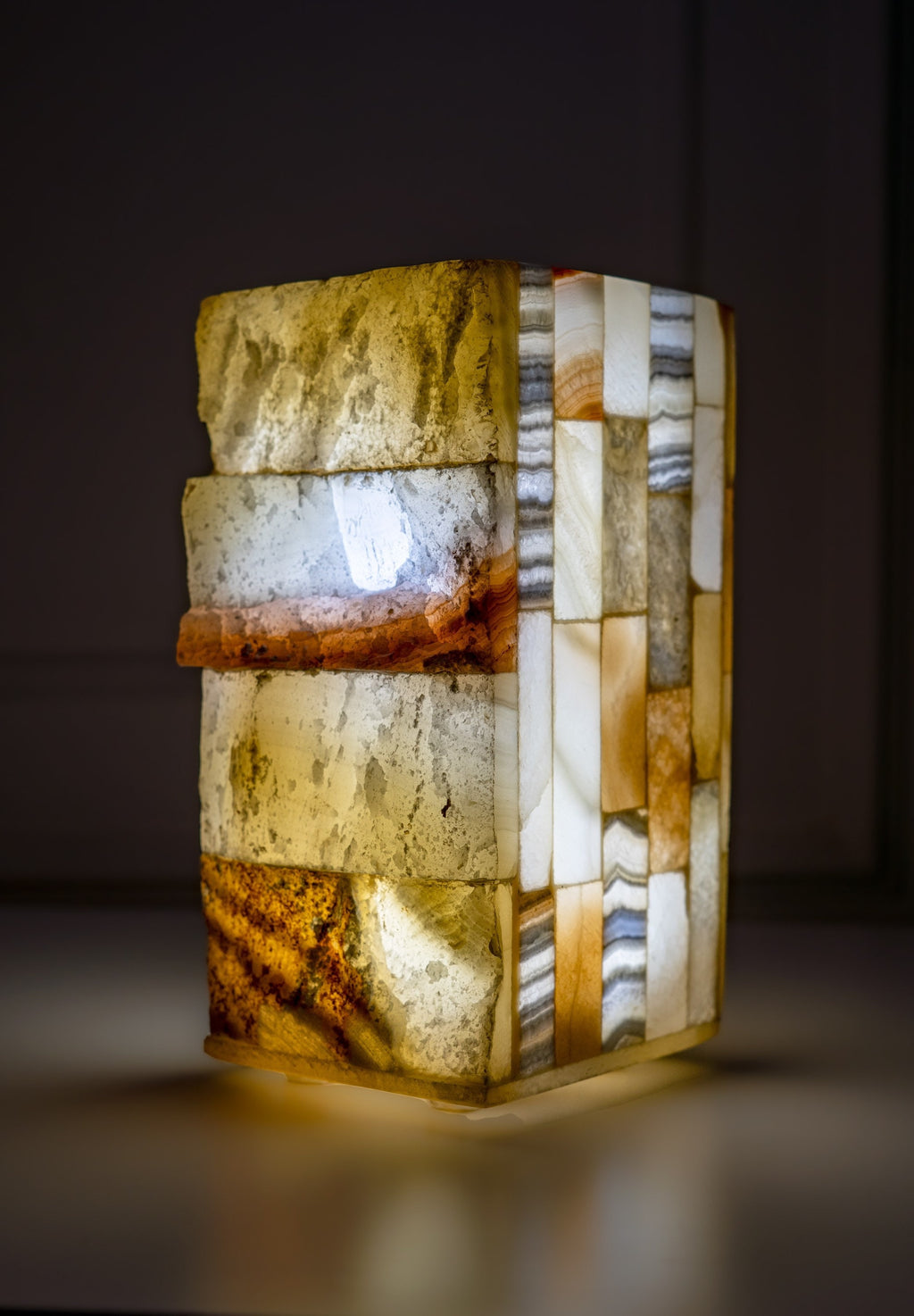 Unique handmade alabaster bedside lamp made of solid alabaster stone in cuboid shape small stones